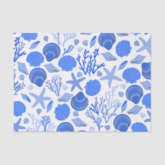 Blue Seashells and Coral Pattern White Tissuepapier (Voorkant)