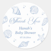 Blue Seashells Coastal Baby shower Bedankt Ronde Sticker (Voorkant)