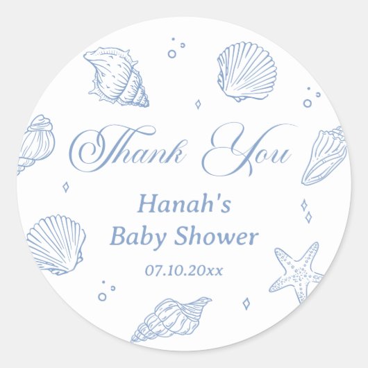 Blue Seashells Coastal Baby shower Bedankt Ronde Sticker (Voorkant)