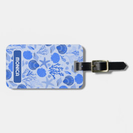 Blue Seashells Coral GEPERSONALISEERD Beach Holida Bagagelabel