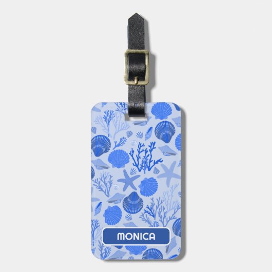 Blue Seashells Coral GEPERSONALISEERD Beach Holida Bagagelabel (Voorkant verticaal)