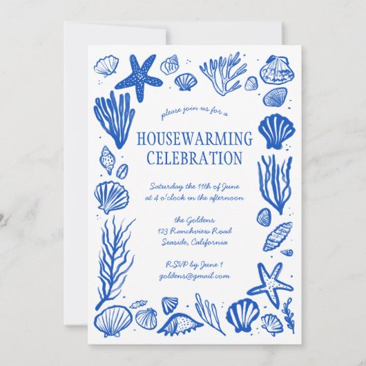 Blue Seashells Custom HOUSEWARMING PARTY Kaart (Voorkant)