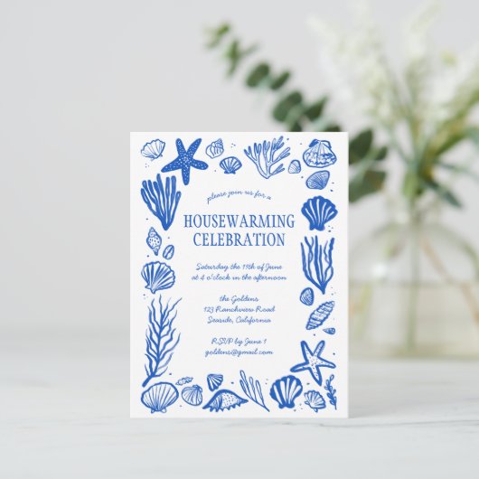 Blue Seashells Custom HOUSEWARMING PARTY Uitnodige Briefkaart (Staand voorkant)