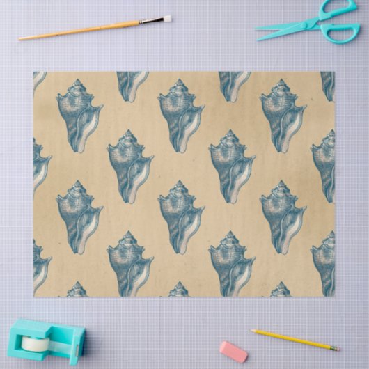 Blue Seashells op Tan Decoupage Tissuepapier (Craft)