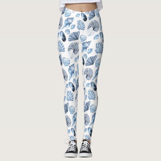 Blue Seashells Pattern op White Leggings (Voorkant)