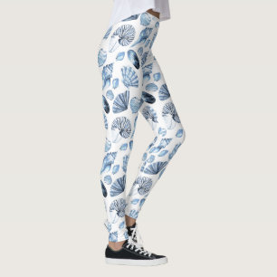 Blue Seashells Pattern op White Leggings