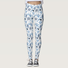 Blue Seashells Pattern op White Leggings
