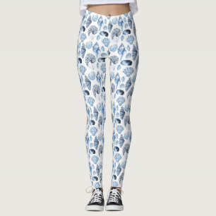 Blue Seashells Pattern op White Leggings