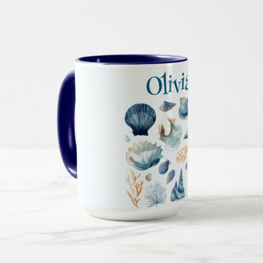 Blue Seashells Summer Mug | Custom Name Mok (Voorkant links)