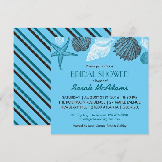 Blue Seashells Wedding Bridal Shower Uitnodiging (Voorkant / Achterkant)