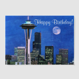 Blue Seattle Skyline Happy Birthday Vellum Uitnodigingen