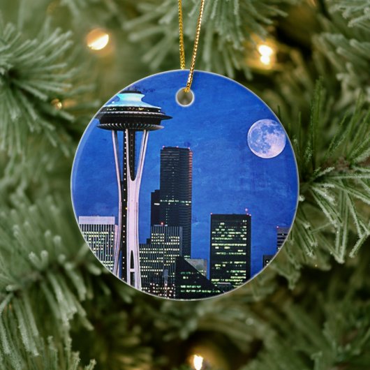 Blue Seattle Skyline Vrolijk Kerstfeest Keramisch Ornament (Boom)