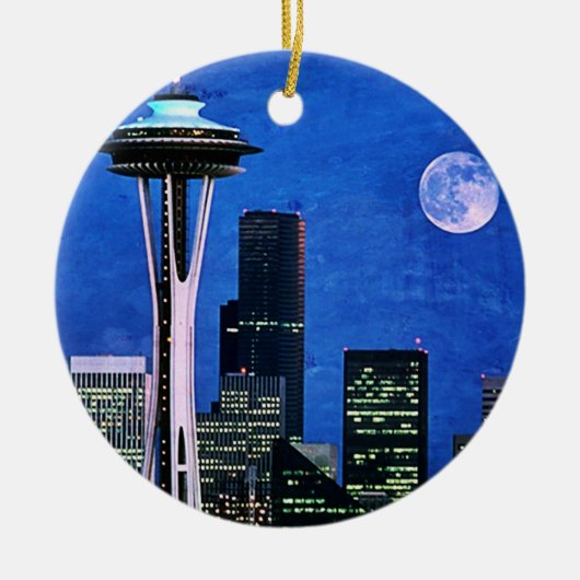 Blue Seattle Skyline Vrolijk Kerstfeest Keramisch Ornament (Voorkant)