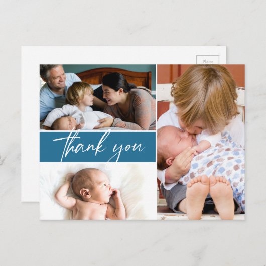 Blue Second baby Multi foto Dank je Aankondigingskaart (Voorkant / Achterkant)