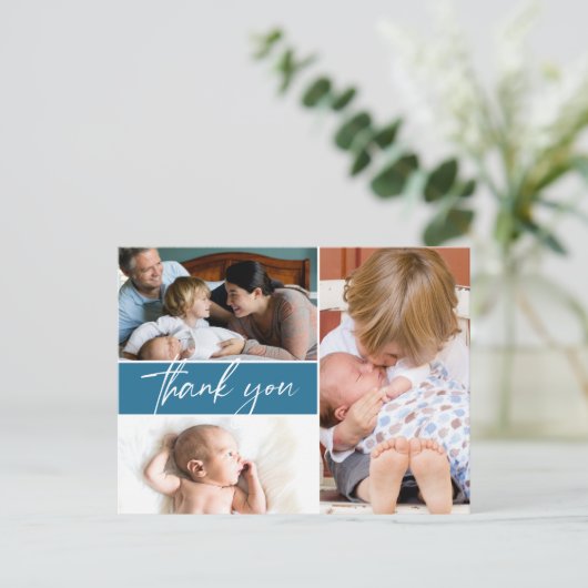Blue Second baby Multi foto Dank je Aankondigingskaart (Staand voorkant)