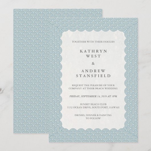 Blue Seigaiha Waves Wedding Kaart (Voorkant / Achterkant)