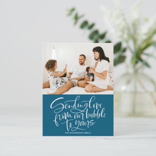 Blue Sending Love from Our Bubble to Yours Photo Feestdagenkaart (Staand voorkant)