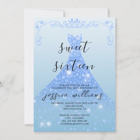 Blue Sequin Ball Gown & Swirls Sweet 16 Verjaardag Kaart (Voorkant)