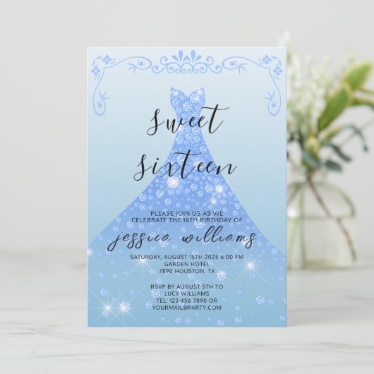 Blue Sequin Ball Gown & Swirls Sweet 16 Verjaardag Kaart (Staand voorkant)