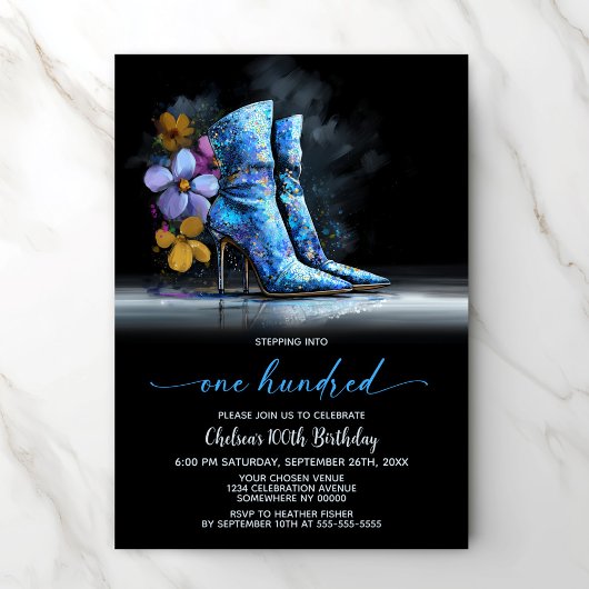 Blue Sequin Boots 100th Birthday Party Kaart
