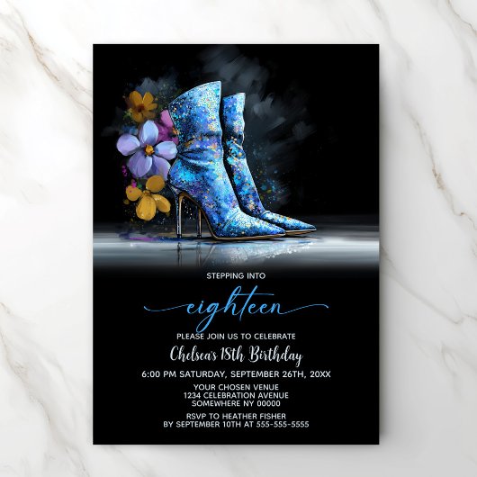 Blue Sequin Boots 18th Birthday Party Kaart