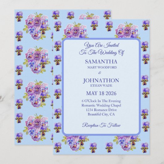 Blue Shabby Chic Flower Wedding Invitation Kaart (Voorkant / Achterkant)