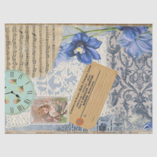  Blue Shabby Floral Lace Music Clock Tissuepapier