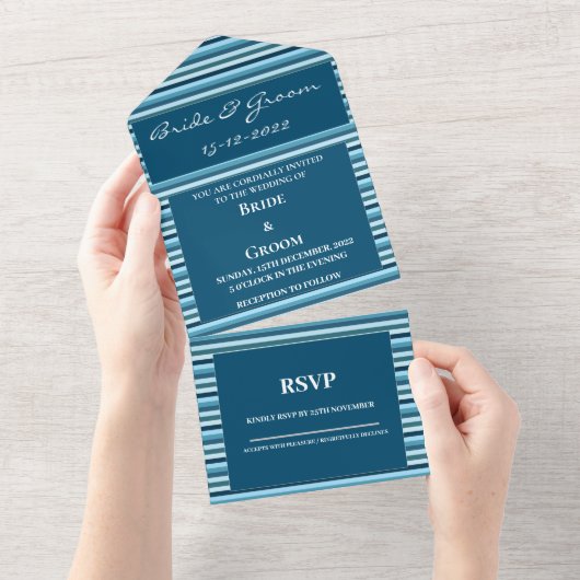 Blue Shade Stripes Luxury Wedding All In One Uitnodiging (Afscheurbaar)
