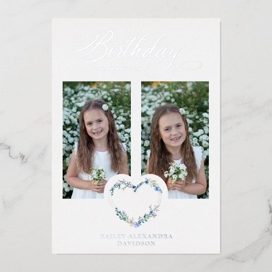 Blue Shades Birthday Silver 2 Photos Floral Heart Folie Uitnodiging (Voorkant)