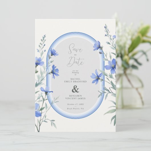 Blue Shades Cherish Botanical Wildflowers Branches Save The Date (Staand voorkant)