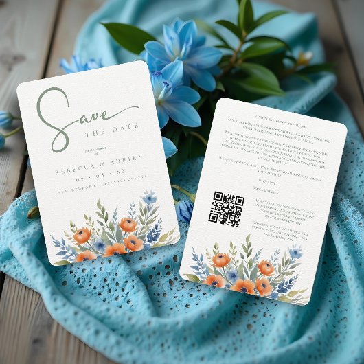 Blue Shades Delicate Floral Bouquet Border Wedding Save The Date