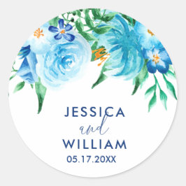 Blue Shades Florals Waterverf Bruiloft Ronde Sticker