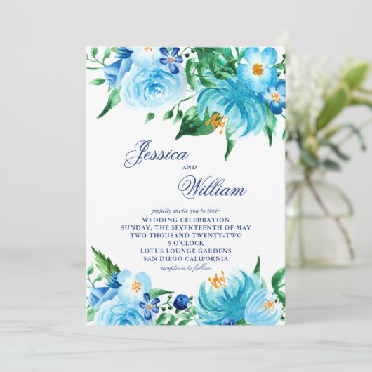 Blue Shades Waterverf Bloemen Bruiloft Kaart (Staand voorkant)