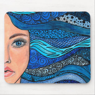 Blue Shades Wavy Hair Lady Original Artwork Muismat