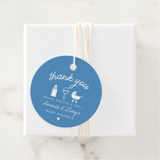 Blue Shake Rattle en Roll Baby shower Bedankjes Labels (In situ)
