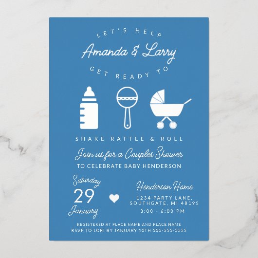 Blue Shake Rattle en Roll Baby shower Folie Uitnodiging (Voorkant)