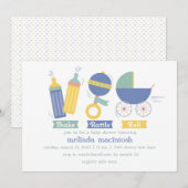 Blue Shake Rattle & Roll Baby shower Invitation Kaart (Voorkant / Achterkant)