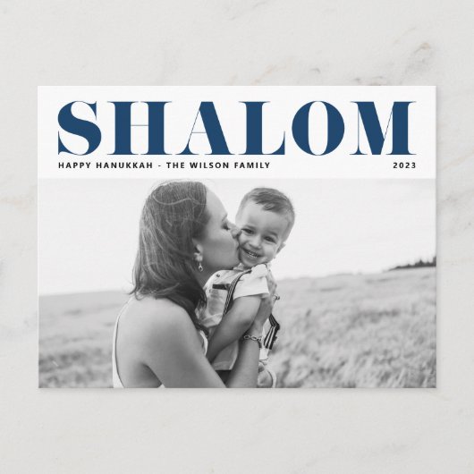 Blue Shalom Bold Typography Hanukkah Foto Feestdagenkaart (Voorkant)