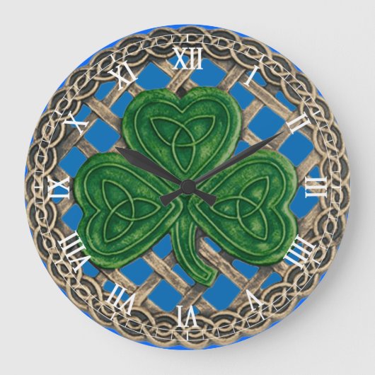 Blue Shamrock & Celtic Knots Roman Numeral Clock Grote Klok (Voorkant)