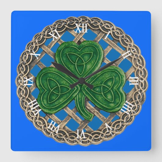 Blue Shamrock & Celtic Knots Roman Numeral Clock Vierkante Klok (Voorkant)