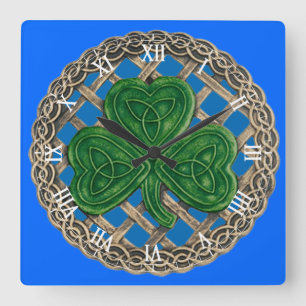 Blue Shamrock & Celtic Knots Roman Numeral Clock Vierkante Klok