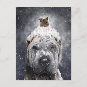 Blue Shar Pei in de sneeuw met een kleine muis Briefkaart