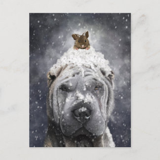 Blue Shar Pei in de sneeuw met een kleine muis Briefkaart