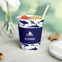Blue Shark Pattern met naam Boy Birthday Party Papieren Bekers