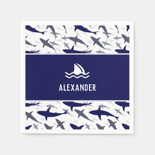 Blue Shark Pattern met naam Boy Birthday Party Servet (Voorkant)