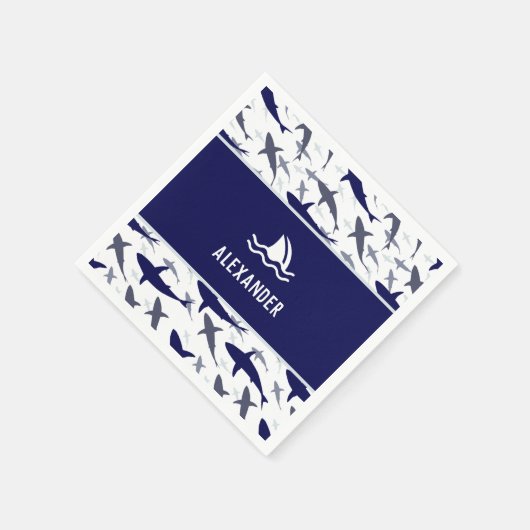 Blue Shark Pattern met naam Boy Birthday Party Servet (Hoek)