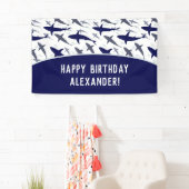 Blue Shark Pattern met naam Boy Birthday Party Spandoek (Insitu)