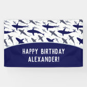 Blue Shark Pattern met naam Boy Birthday Party Spandoek (Horizontaal)