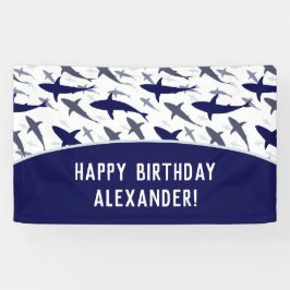 Blue Shark Pattern met naam Boy Birthday Party Spandoek