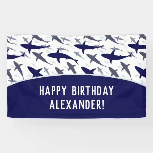 Blue Shark Pattern met naam Boy Birthday Party Spandoek (Horizontaal)